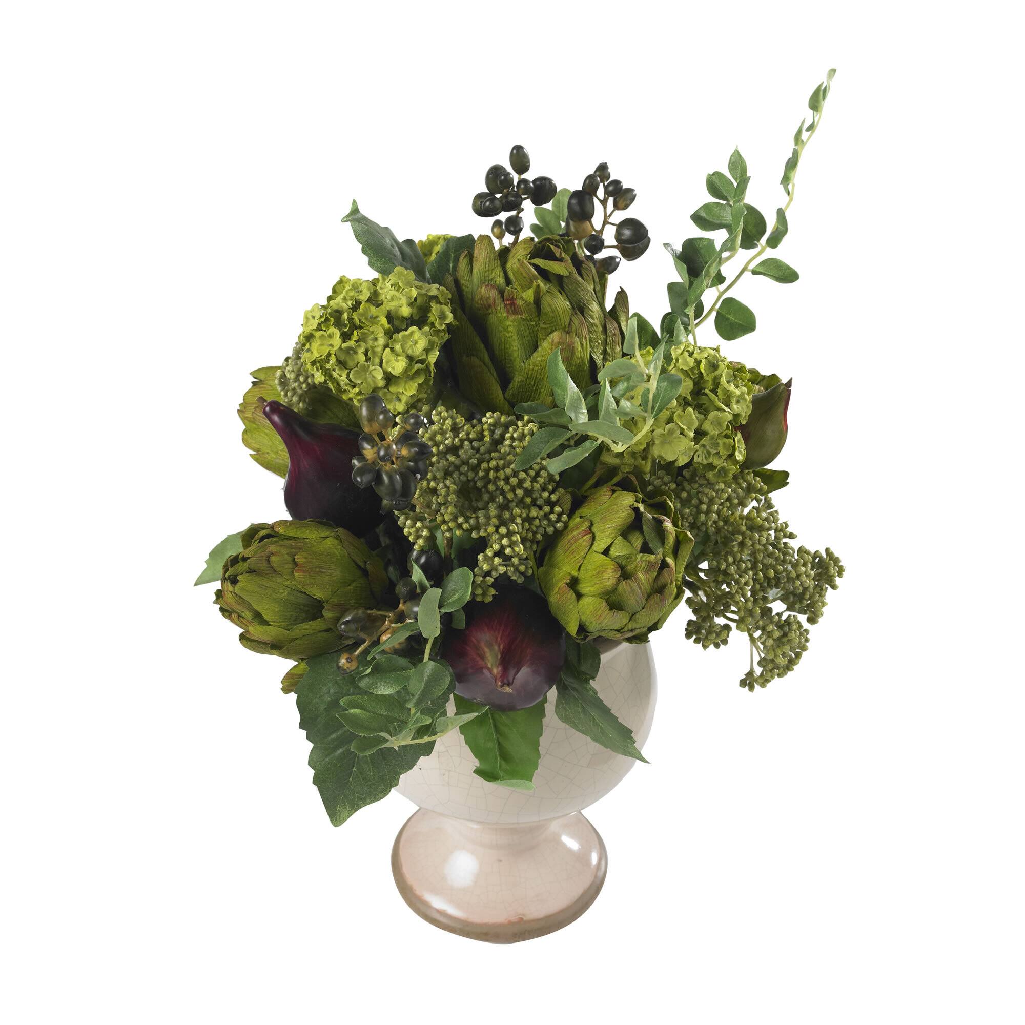 15" Artichoke & Hydrangea Arrangement in White Ceramic